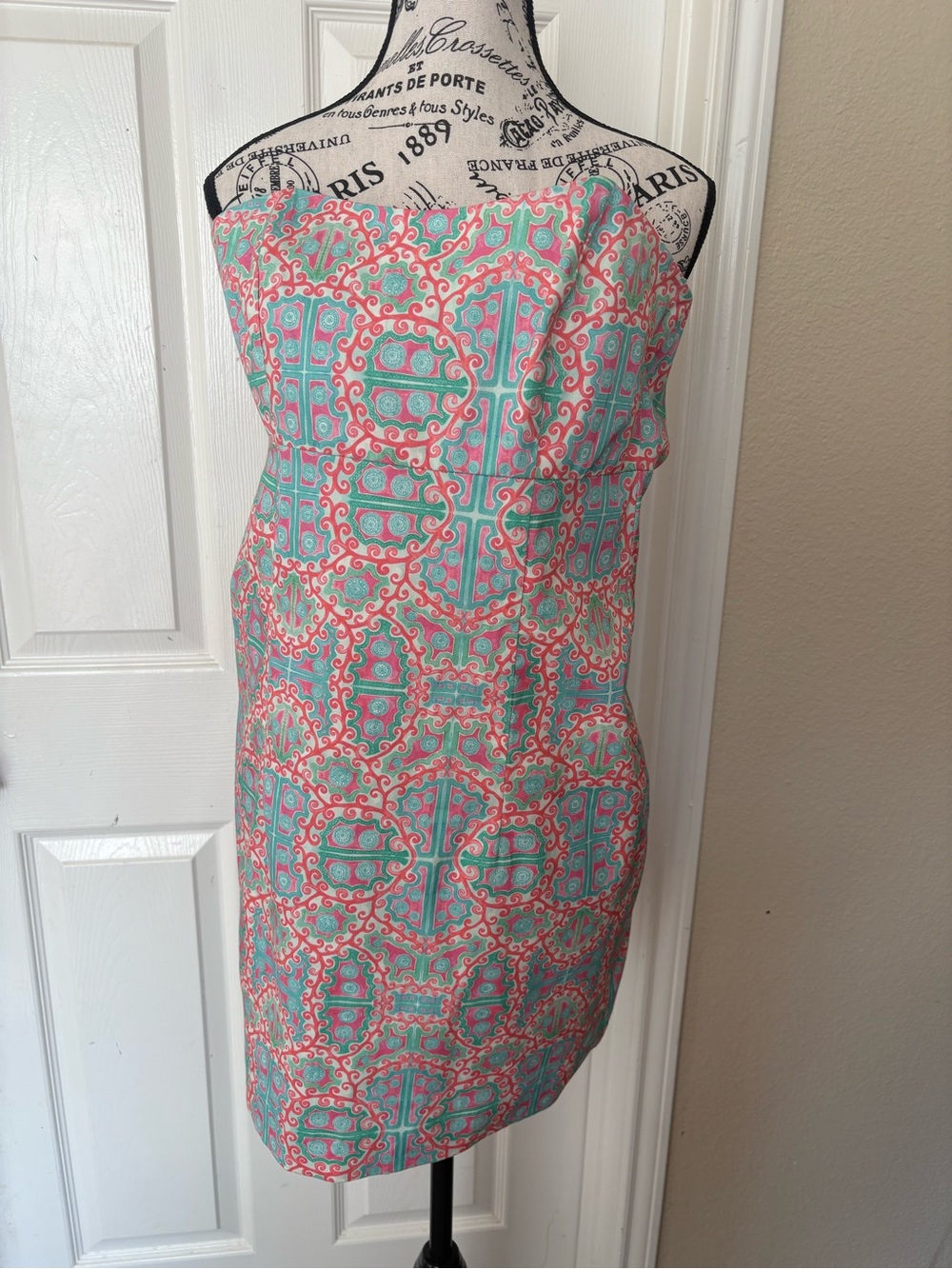Kaeli smith Strapless Printed Sheath Dress in Coral & Aqua size small